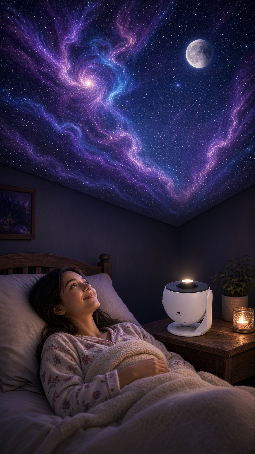 Chica relajándose en la cama bajo un techo de galaxias