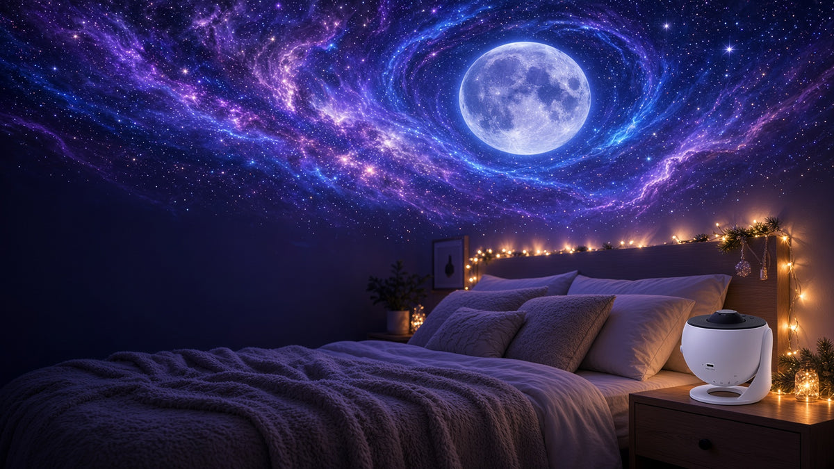 Dormitorio con el techo lleno de galaxias gracias al proyector de galaxias