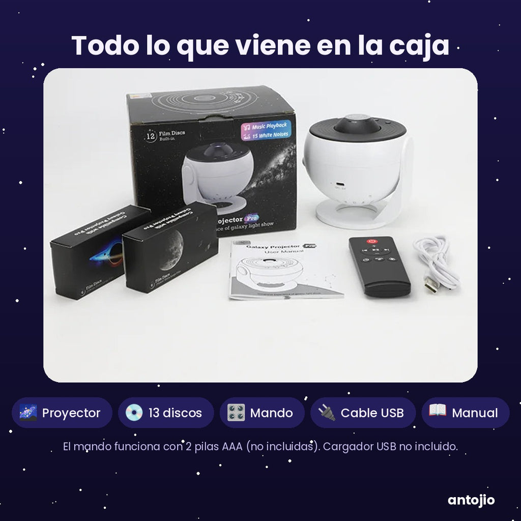Qué incluye la caja: proyector, 13 discos, mando, cable USB y manual