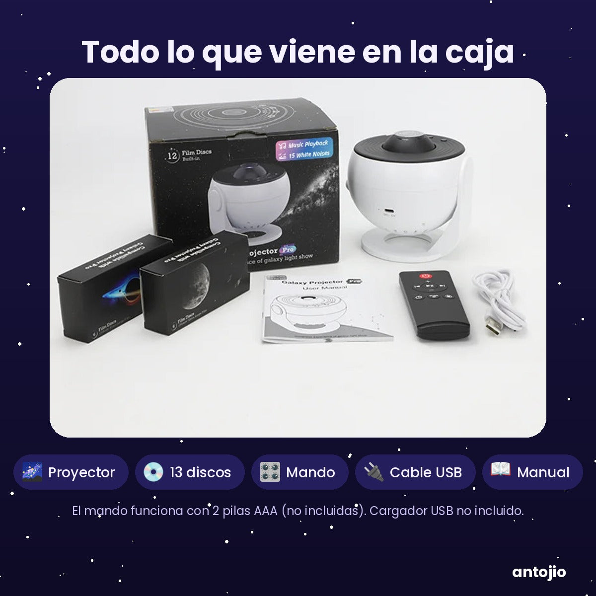 Qué incluye la caja: proyector, 13 discos, mando, cable USB y manual