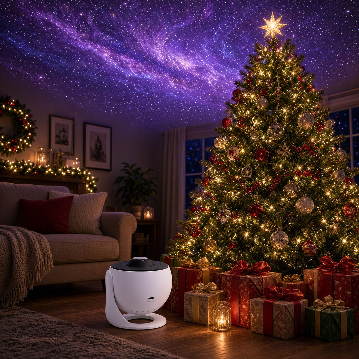 Proyector de galaxias junto a los regalos bajo el árbol de Navidad