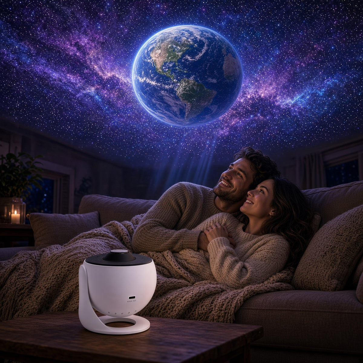 Chica en el sofá mirando el techo con la Tierra y las galaxias proyectadas
